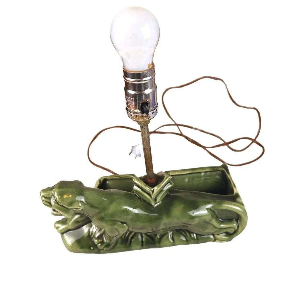Vintage Green Panther Lamp MCM Ceramic Cougar‎ Planter/Lamp
